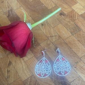 Elegant Teardrop Filigree Earrings with Red Accents